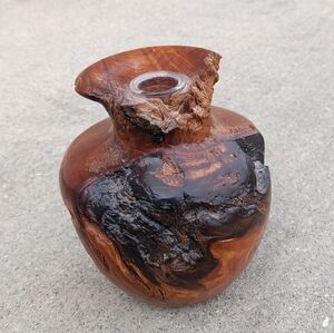 Vintage Turned Burl Wood Art Vase Hand Turned Mid Century Modern Red Wood